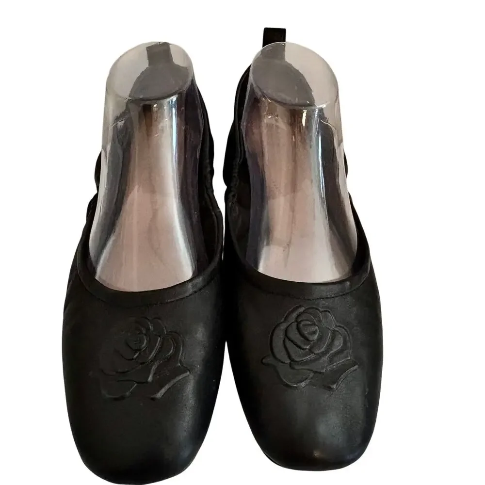 Taryn Rose Rosalyn Black Napa Leather Flower Ballet Flats Shoes Feminine